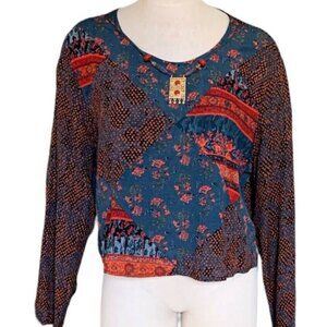 VTG Carole Little BOHO Artsy Patchwork Pendant Top Sz Petite M 303F